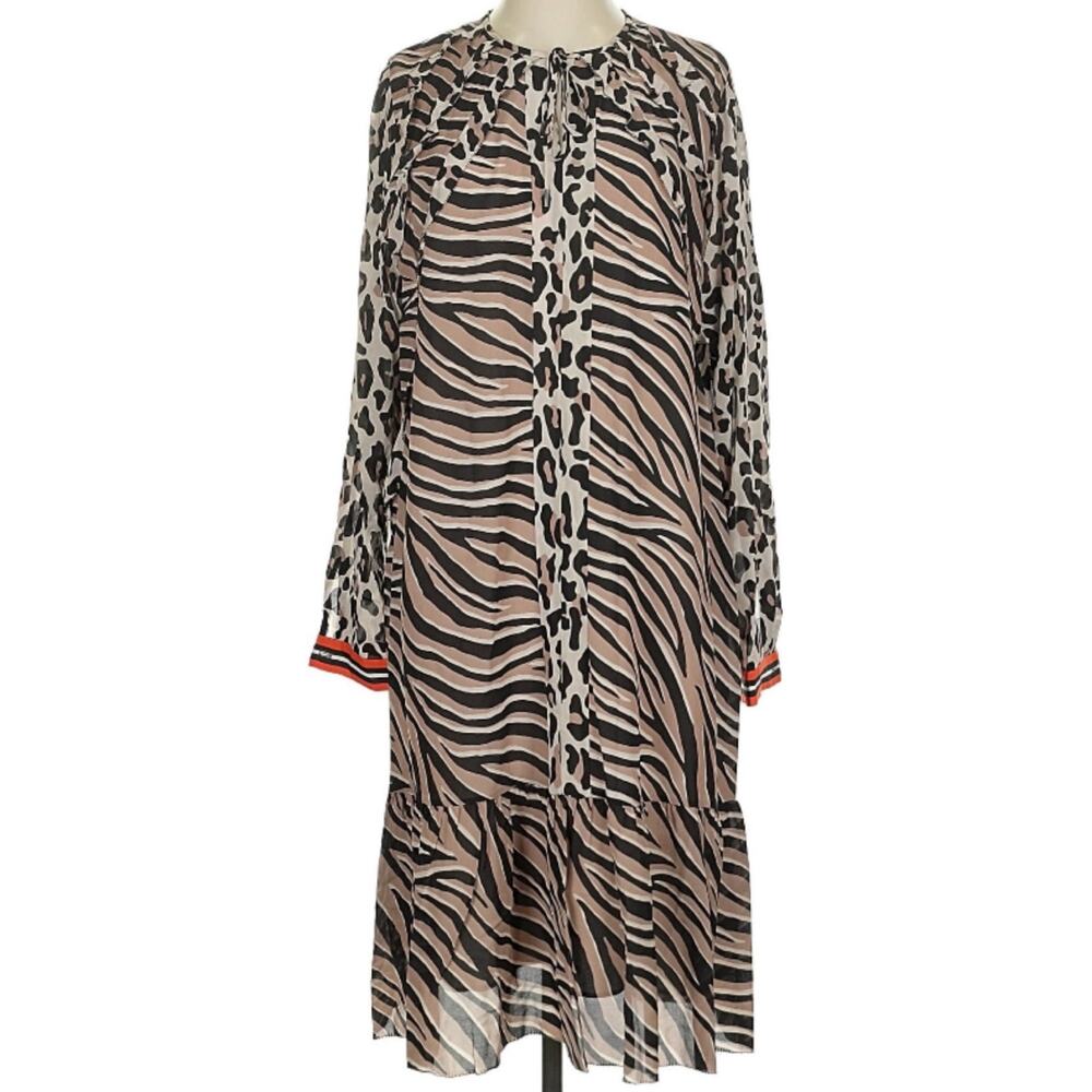 Marc Cain Silk Blend Leopard Tiger Track Stripe Chiffon Drop Waist Dress N 5 10